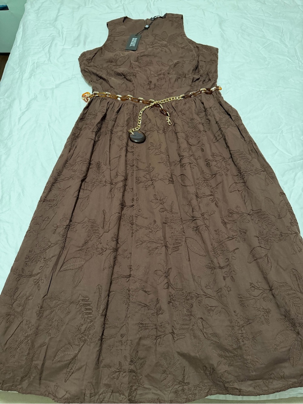 Badgley Mischka Brown Embroidered Midi Dress with Gold Chain Accent